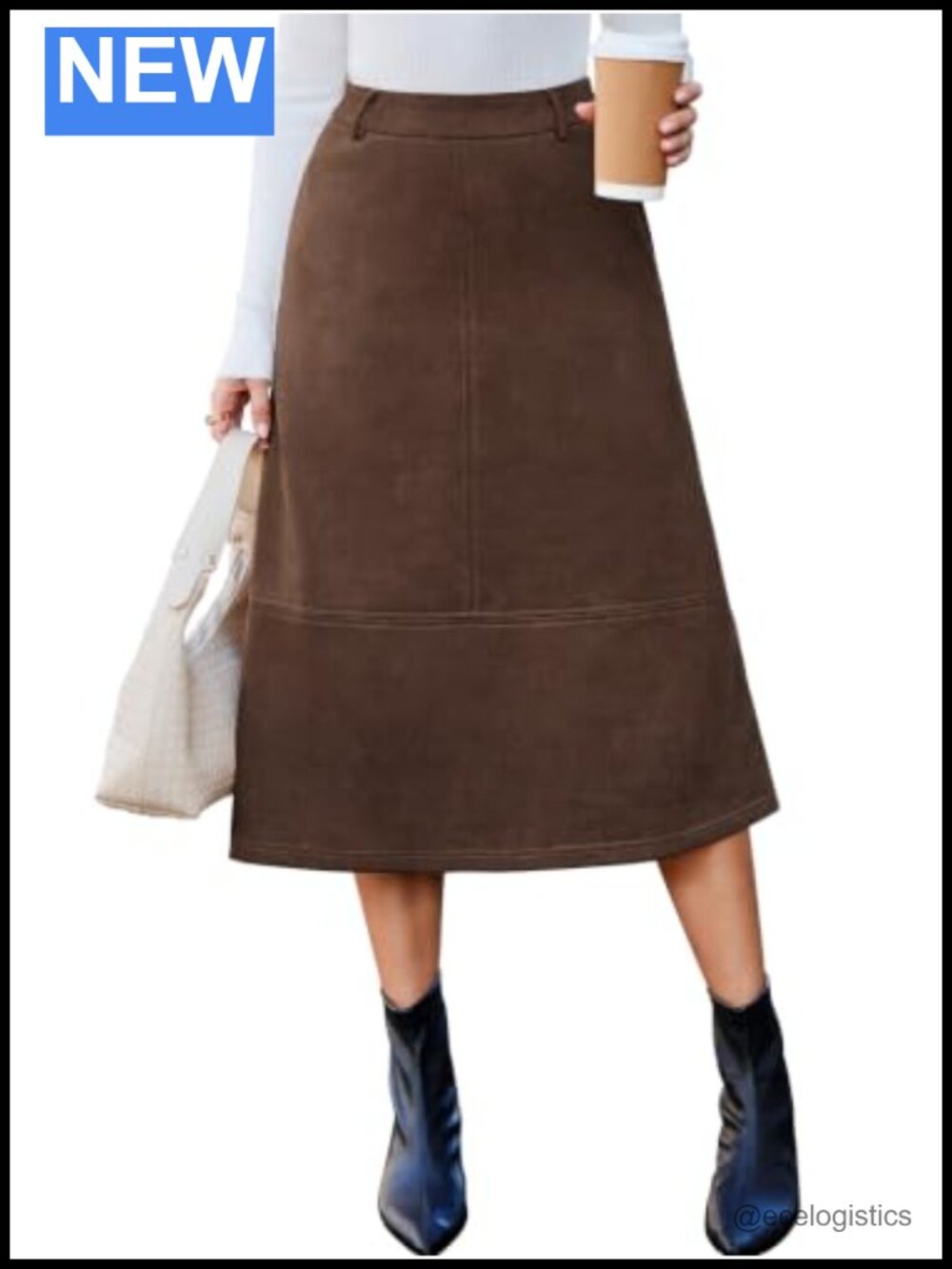 Faux Suede Midi A-Line Skirt High Waist Side Pockets Women